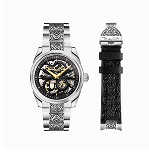 Silver automatic watch with 41 mm, black dial & acanthus pattern