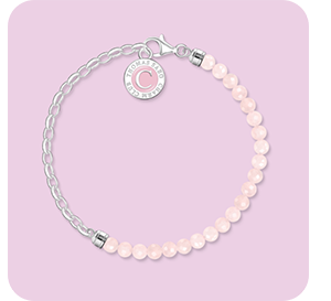 Charm bracelet with beads of rose quartz and chain links silver