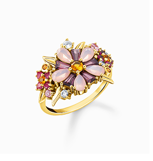 Ring flowers colourful stones gold