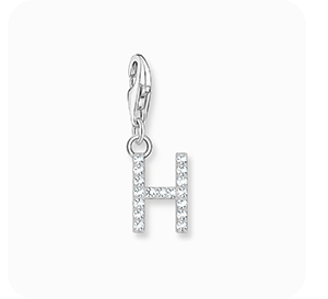 Charm pendant letter H with white stones, silver