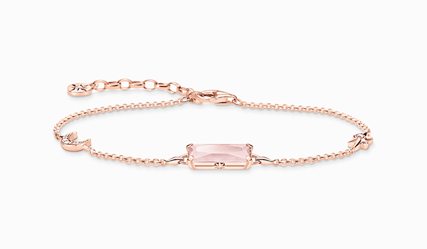 Bracelet pink stone with moon and stars, rosegold plated