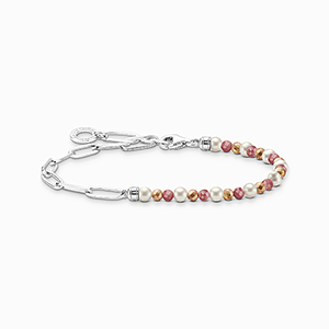 Charm bracelet with colourful beads, white pearls and chain links silver