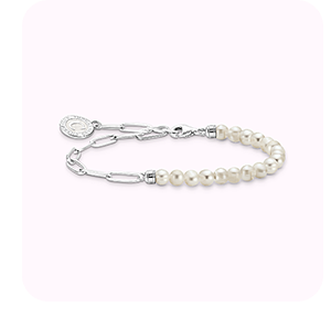 Charm bracelet with white pearls and chains, silver